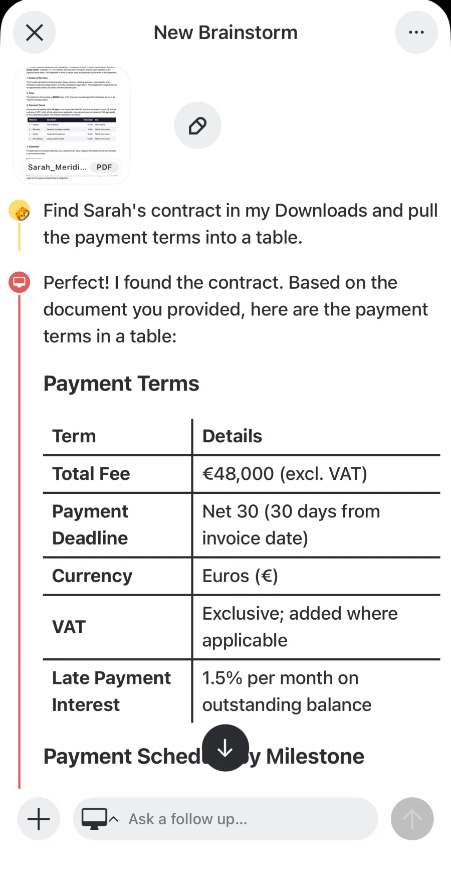 new.space Brainstorm on iPhone: asking your Mac to pull a contract's payment terms into a table