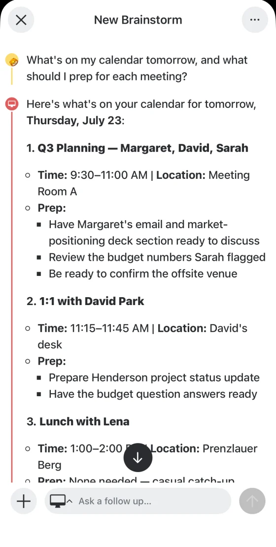 new.space Brainstorm: your Mac summarizing tomorrow's calendar and what to prep for each meeting