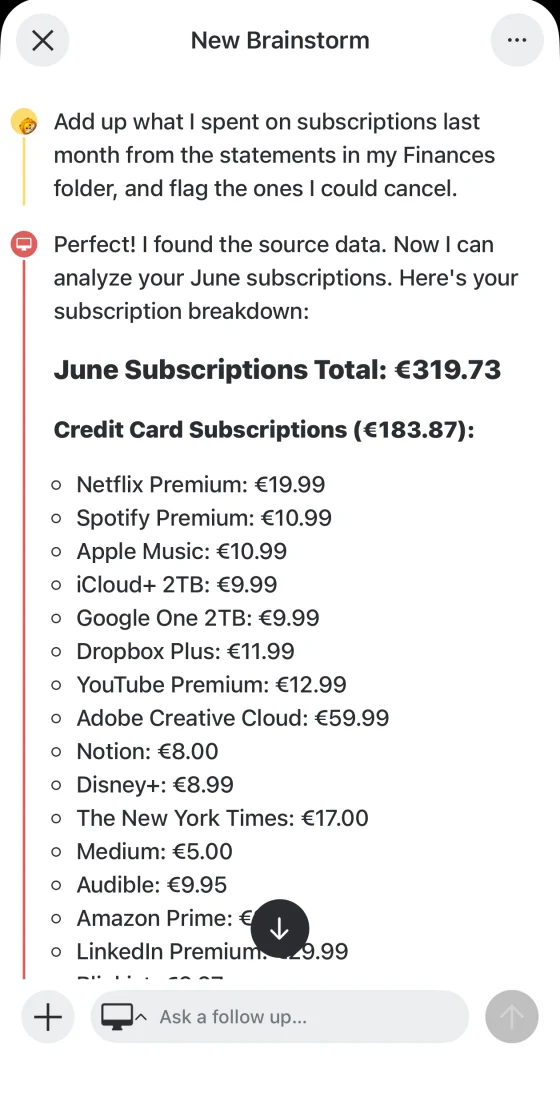 new.space Brainstorm: your Mac totaling last month's subscriptions from your Finances folder and flagging ones to cancel