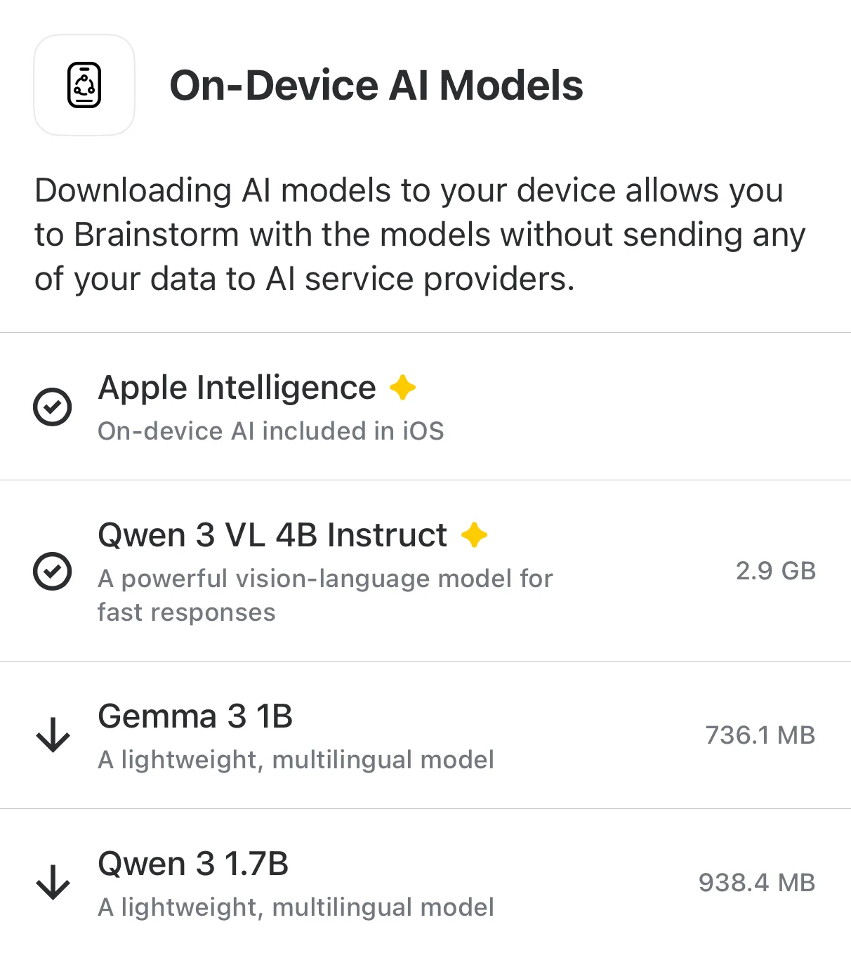 On-Device AI Models screen showing downloadable models like Apple Intelligence, Qwen, and Gemma that run locally without sending data to AI providers
