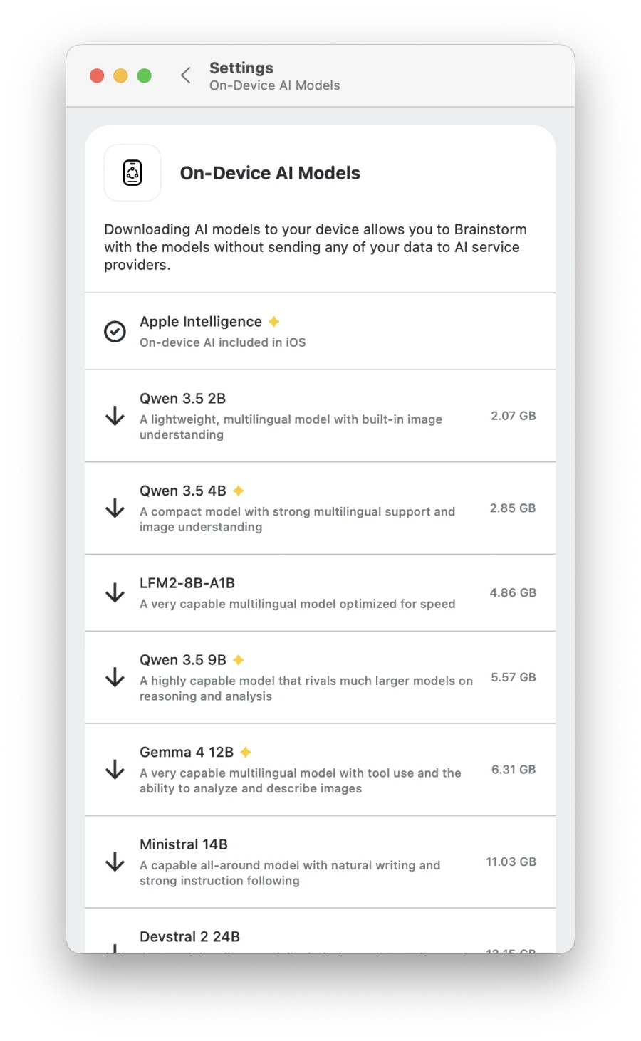 On-Device AI Models settings in the new.space Mac app, showing downloadable local models like Apple Intelligence, Qwen 3.5, LFM2, Gemma, and Ministral with their sizes, which run without sending your data to AI providers