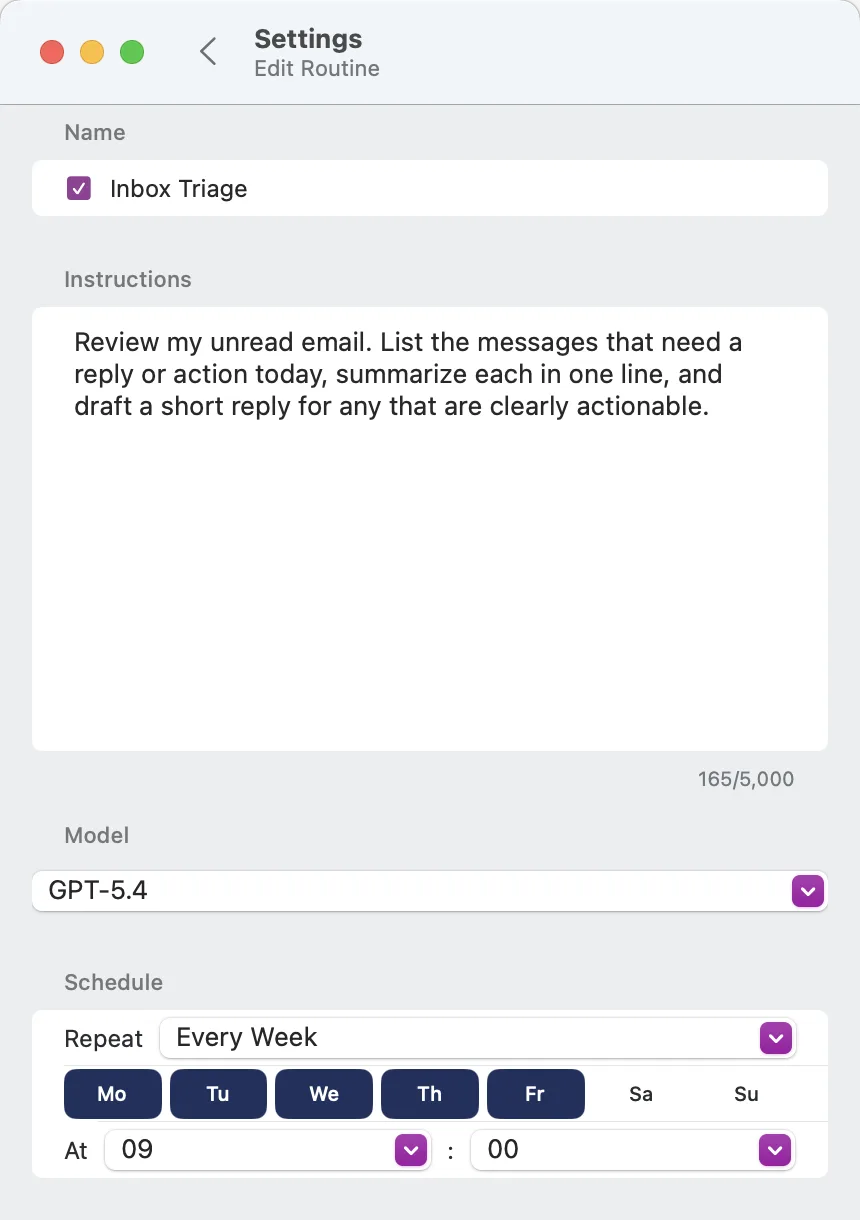 Inbox Triage Routine in the new.space Mac app, configured to review unread email every weekday and draft replies for actionable messages