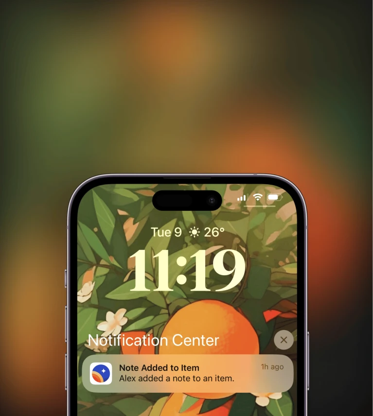 A screenshot of the iOS lock screen displaying a new.space notification. The notification indicates a user added a note to an item.