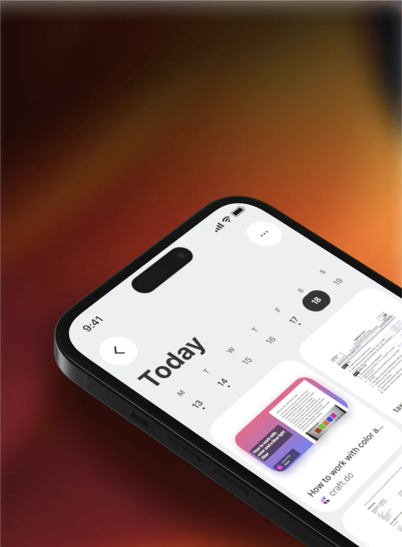 A screenshot of the new.space iOS app which shows the Today space. A number of cards are visible, along with a control to change which day is being viewed.